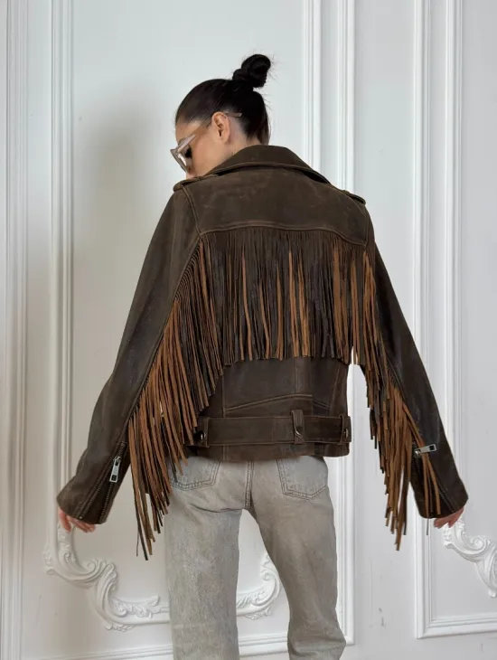 Коричневая кожаная куртка - косуха с бахромой. Мотоциклетная куртка, демисезон - фото 7