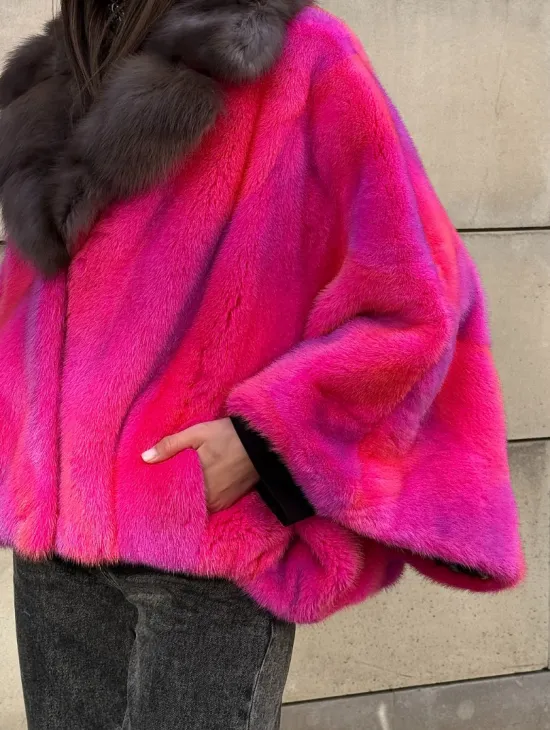 Полушубок - летучка из меха норки в цвете фуксия 