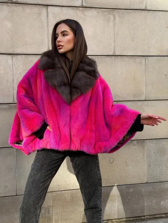 Полушубок - летучка из меха норки в цвете фуксия 