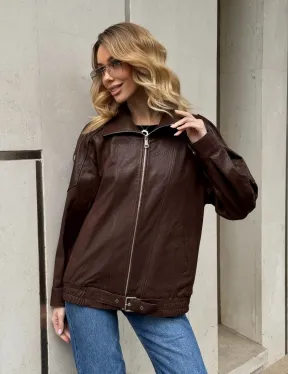 Коричневая кожаная курточка - бомбер на молнии - фото 12