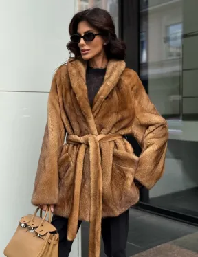 Норка жакет шалевый воротник - цвет Gold - фото 7