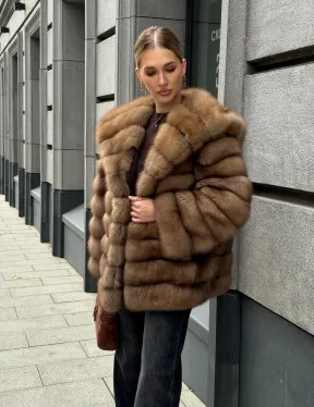 Шуба из натурального меха куницы с капюшоном - фото 14