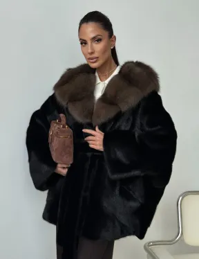 Норковый полушубок с капюшоном - летучая мышь - фото 0