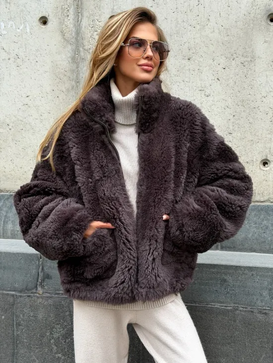 Натуральная двухсторонняя дубленка - бомбер - фото 0