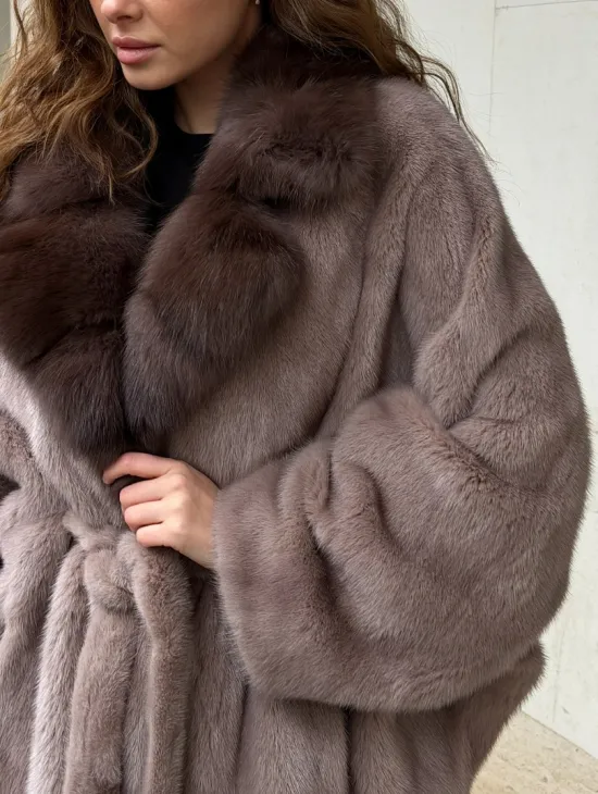 Норковая шуба летучка - воротник куница - фото 2