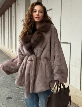 Норковая шуба летучка - воротник куница - фото 0