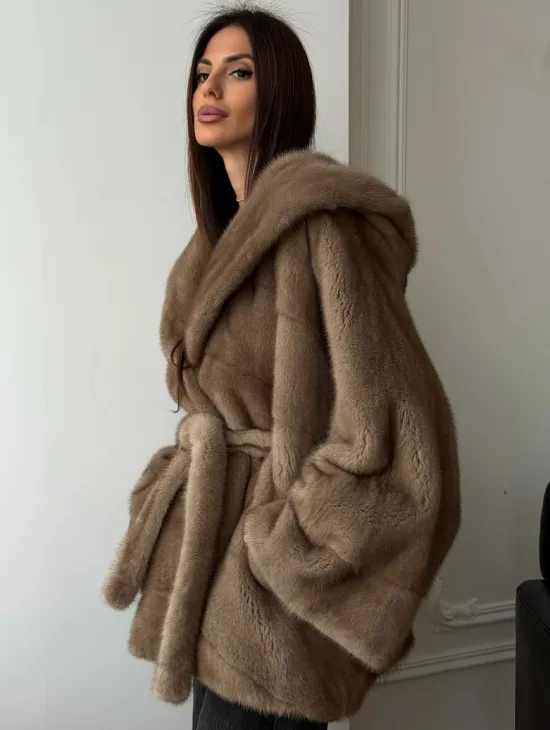 Норковая шуба пастель с капюшоном - фото 8