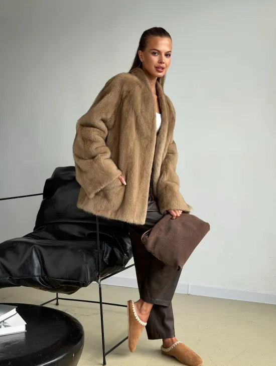 Норковый полушубок V-образный воротник - фото 11