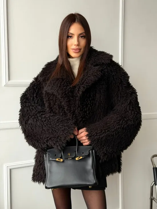 Коричневая дубленка из меха Тиградо - фото 14