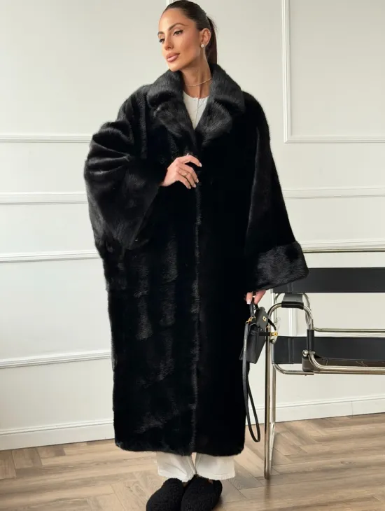 Черное меховое норковое пальто в стиле 