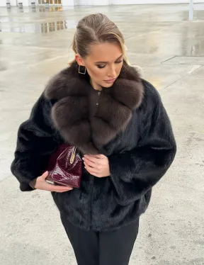 Черный норковый жакет с воротником куницы - фото 12
