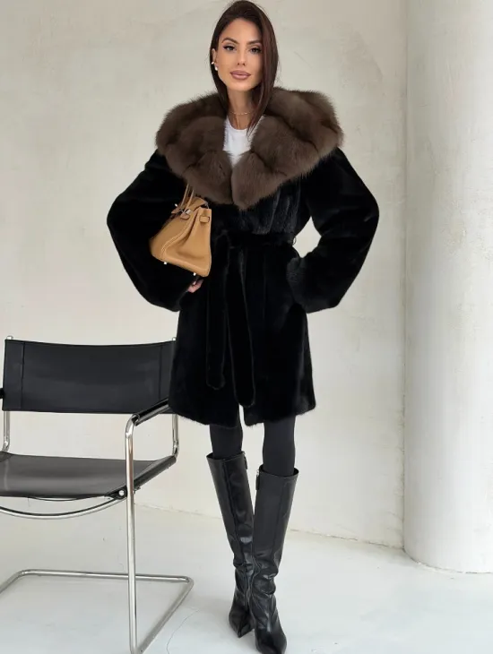 Черная норковая шуба средней длины - капюшон куница - фото 5