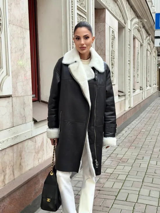 Дубленка авиатор длинная на белой овчине - фото 9