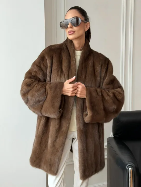 Полушубок из норки - цвет соболь - фото 9