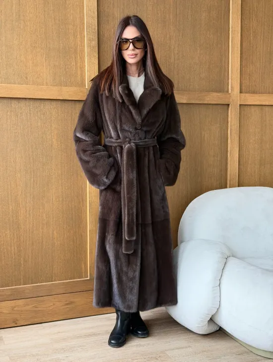 Норковая шуба - прямой крой с меховым поясом - фото 0