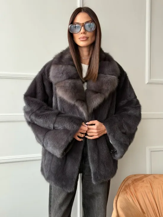 Автоледи норковая с воротником куницы - графит - фото 7
