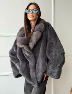 Автоледи норковая с воротником куницы - графит - фото 0