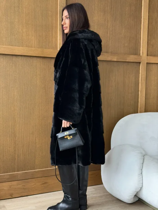 Черная норковая шуба с капюшоном - фото 4