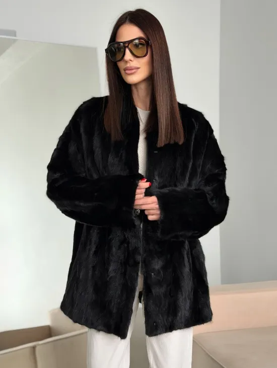 Шуба норковая из кусочков в стиле оверсайз - фото 7