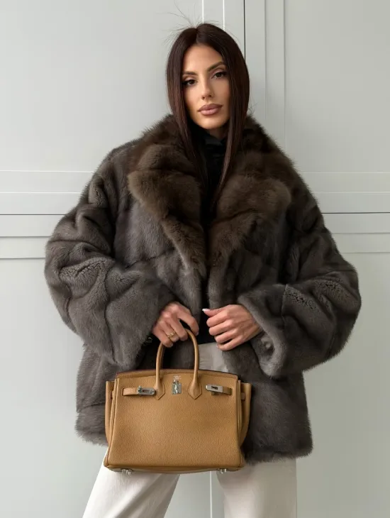 Шуба норковая автоледи - воротник куница (серый) - фото 9