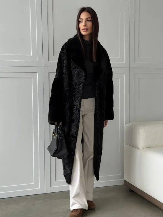 Черная шуба из каракуля с норкой - фото 9