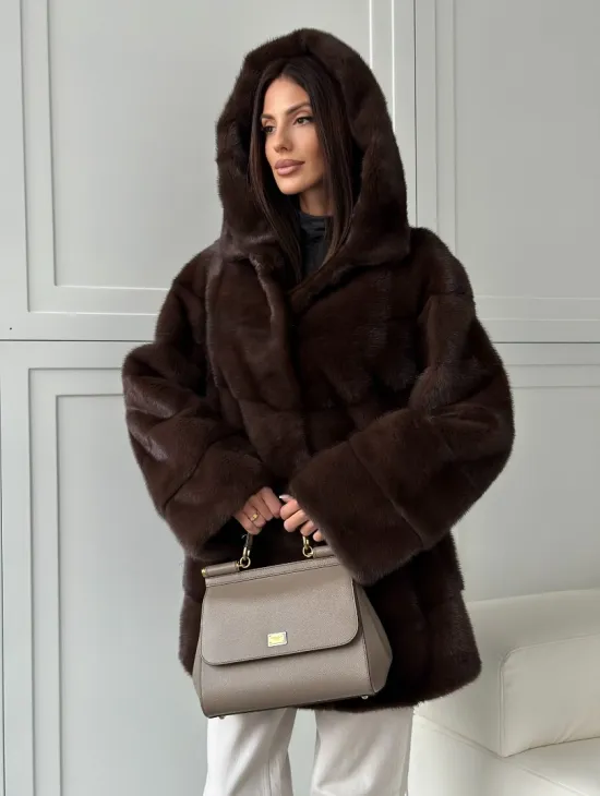 Норковая шуба в стиле «рубашка» с капюшоном - фото 10