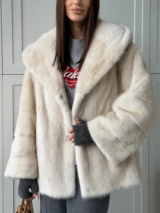 Норковый полушубок с капюшоном кобра - фото 5