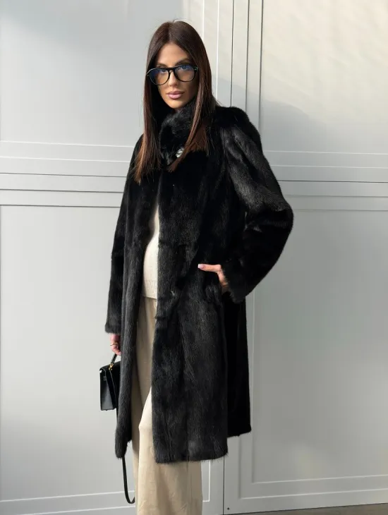 Черная норковая шуба - воротник стойка - фото 7