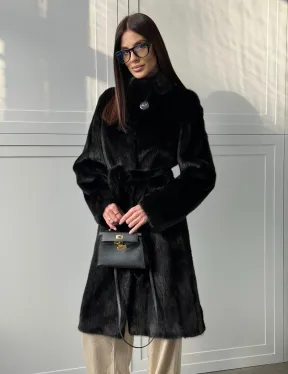 Черная норковая шуба - воротник стойка - фото 9
