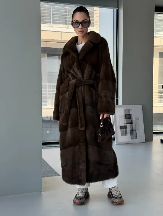 Коричневая норковая шуба - кимоно - фото 8