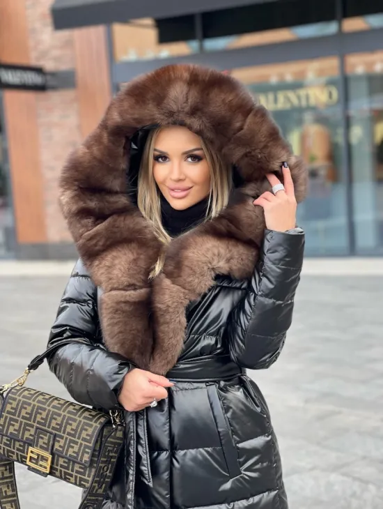 Пальто - пуховик с капюшоном из финского песца - фото 7