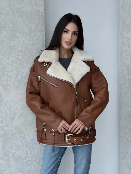 Дубленка авиатор из натуральной кожи в цвете виски - фото 12