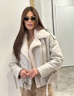 Дубленка-авиатор из натуральной овчины со шнуровкой - фото 0