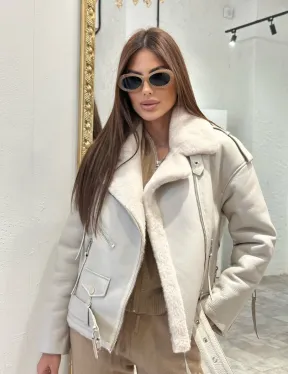 Дубленка-авиатор из натуральной овчины со шнуровкой - фото 1