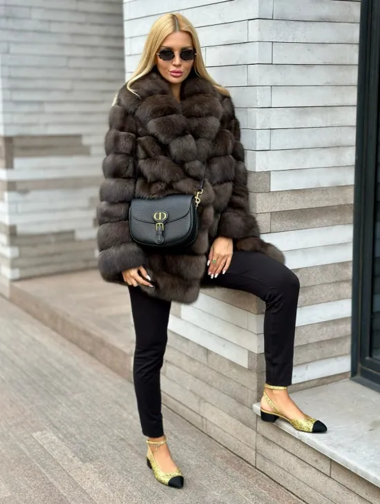 Полушубок-жакет из соболя воротник шаль седина 1/2 - фото 2