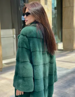 Зеленая шуба мех NAFA английский воротник - фото 3