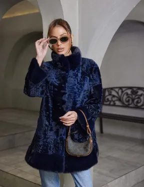 Шуба из каракульчи стойка воротник - цвет синий - фото 1