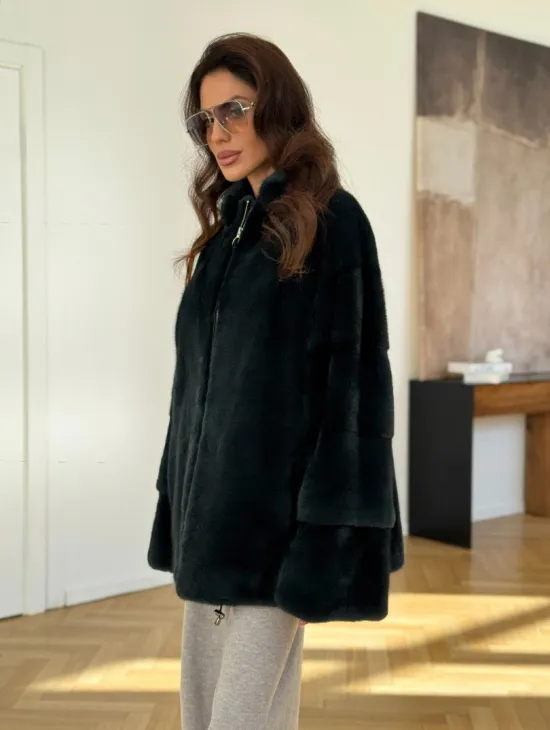 Бомбер из плюшевой норки NAFA - цвет темный изумруд - фото 5