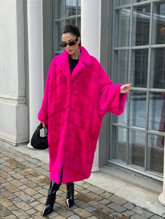 Шуба из меха норки в стиле Oversize - цвет фуксия - фото 5