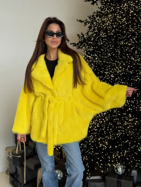 Шуба норковая летучая мышь роспуск - цвет лимонный (желтый) - фото 4