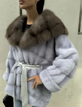 Шуба норковая с капюшоном из меха куницы - цвет голубой - фото 4