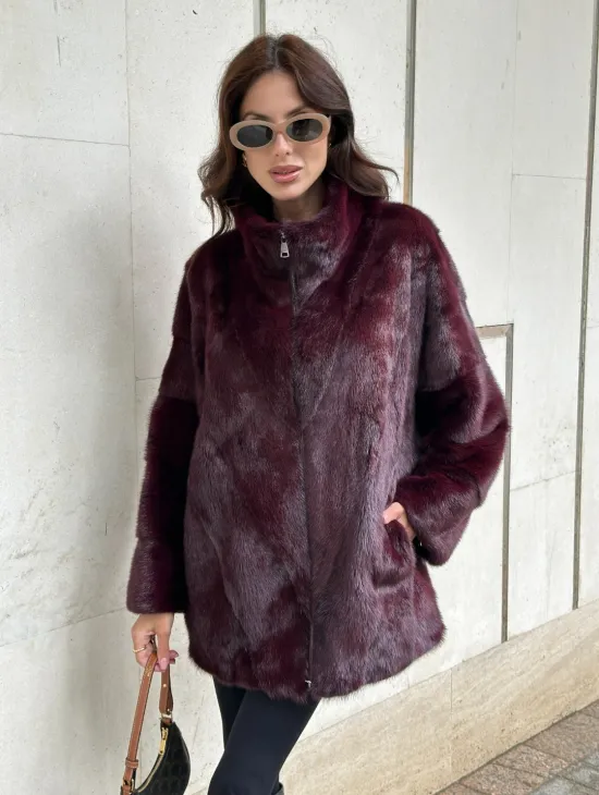 Женская норковая курточка - цвет бордо - фото 5