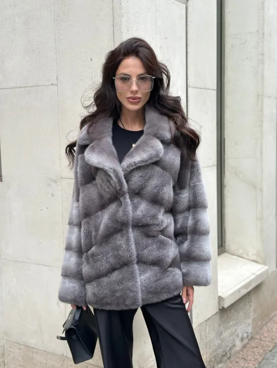 Норковый полушубок с английским воротником - цвет Platinum - фото 6